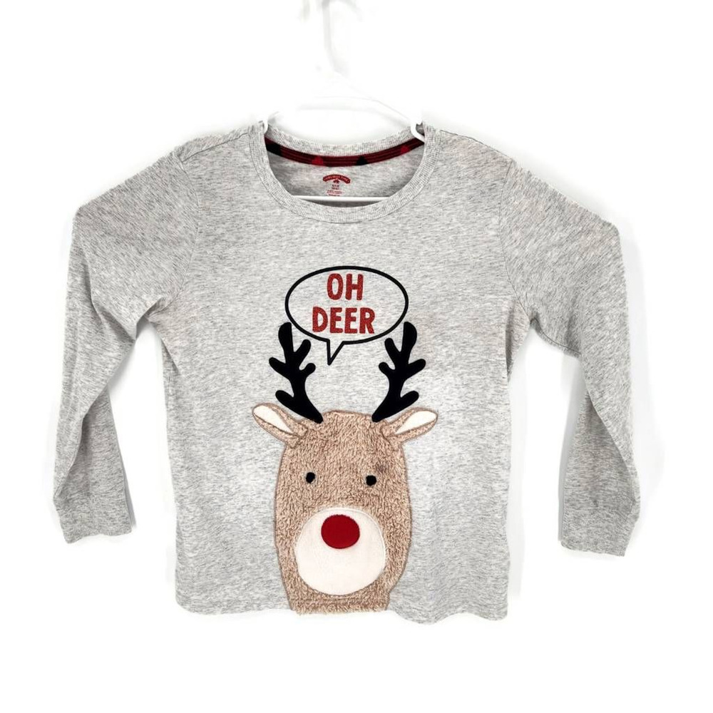Holiday Time Unisex Reindeer T-Shirt Long Sleeve Glitter Fuzzy Top S (4-6)